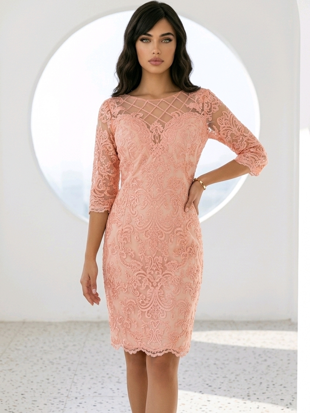NWT LT Lanting Bride Peach Lace Sheath Dress with Illusion Neckline SZ 8